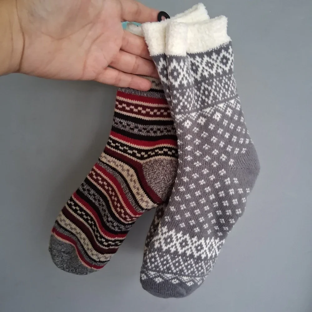 MUK LUKS Womens Cozy Lined Lounge Socks 2 Pair Pack Red Grey Fair Isle OSFM